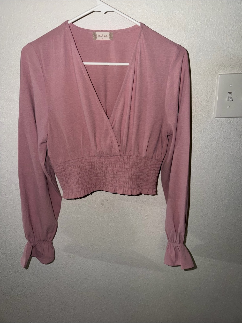 Altar'd State Light Mauve V-Neck Smocked Waist Long Sleeve Crop Top